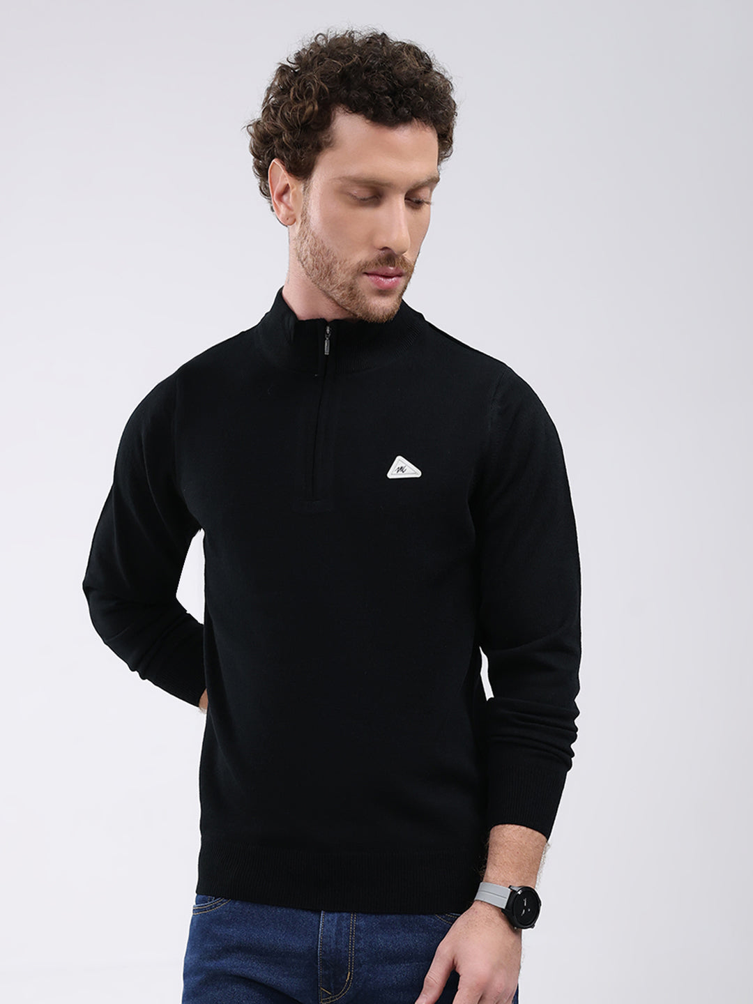 Men Black Solid Mock Neck Full Sleeve Pullover