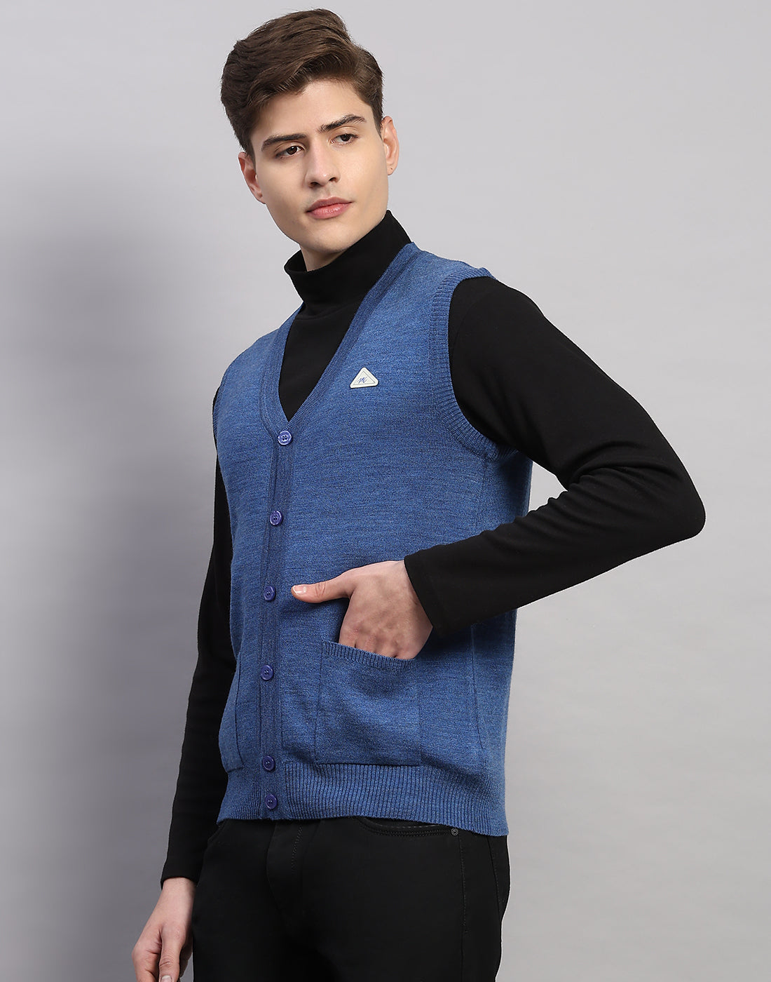 Men Blue Solid V Neck Sleeveless Cardigan