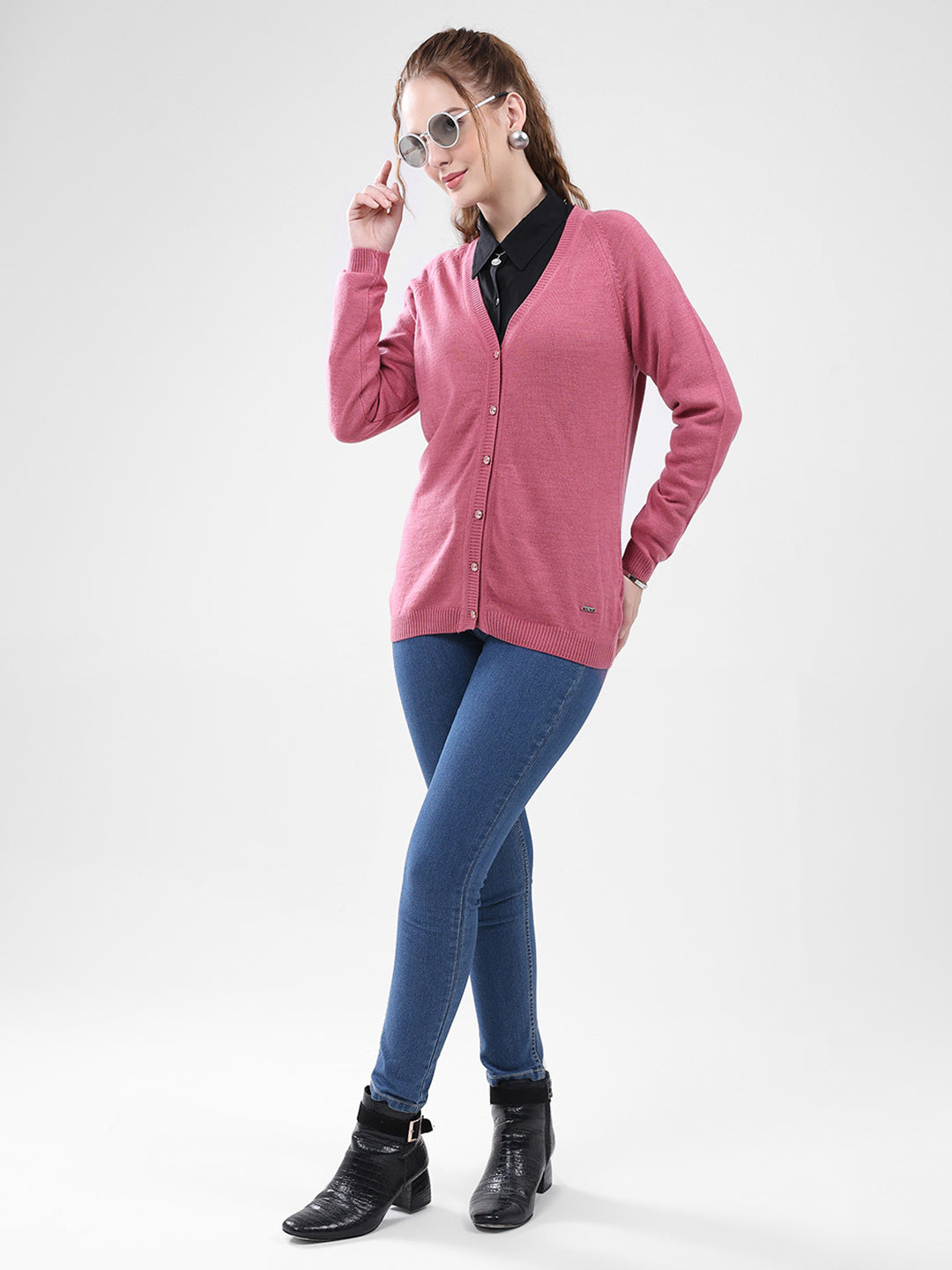 Women Pink Solid V Neck Full Sleeve Cardigan