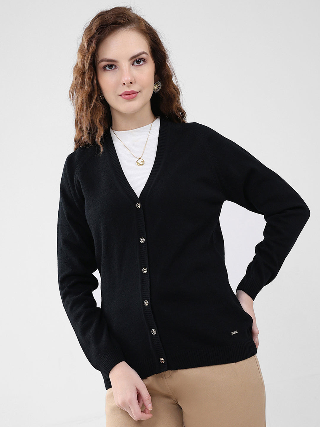 Women Black Solid V Neck Full Sleeve Cardigan
