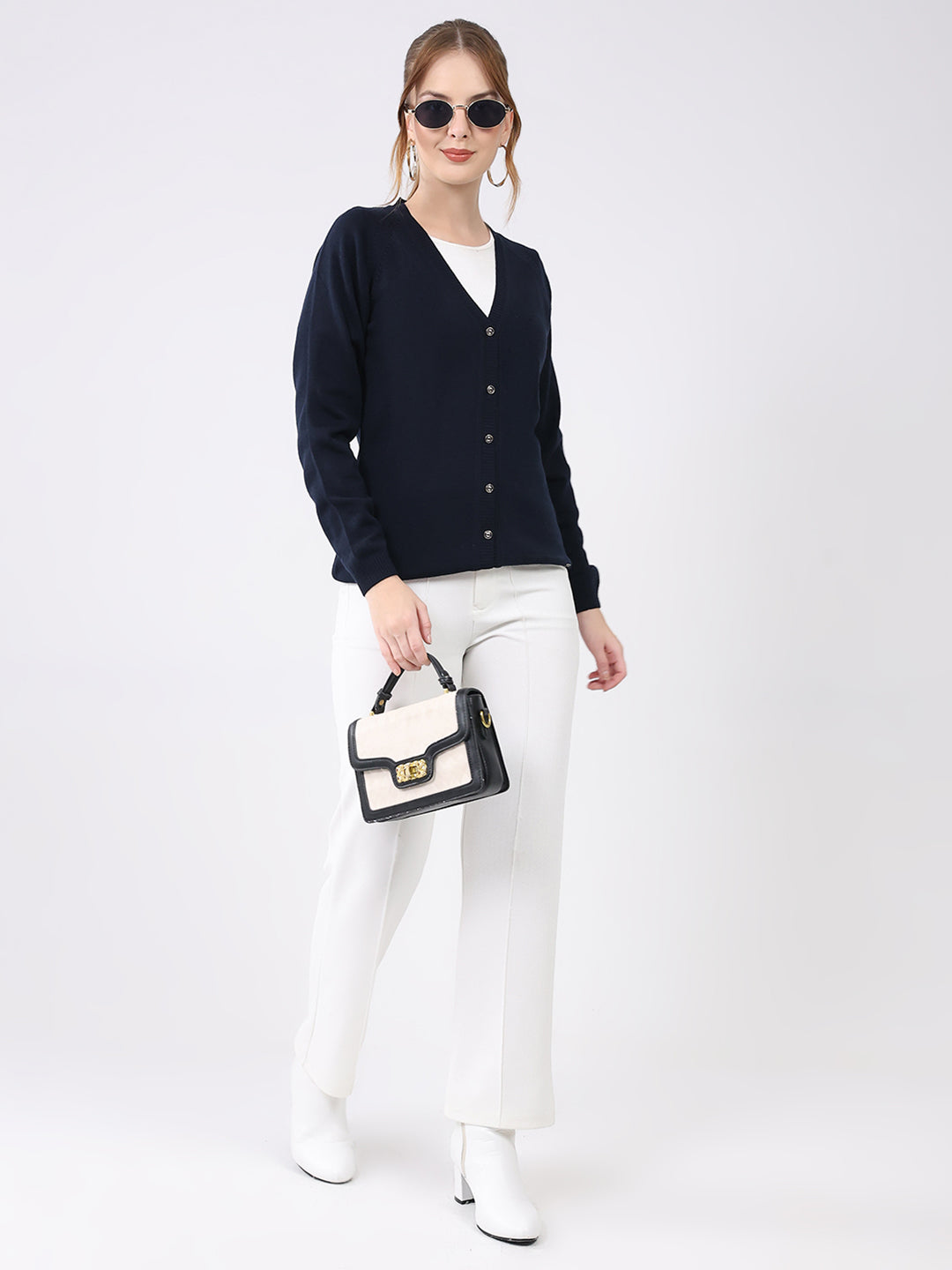 Women Navy Blue Solid V Neck Full Sleeve Cardigan