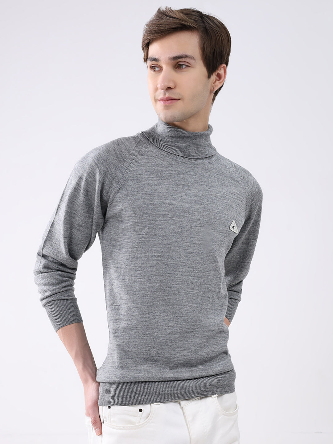 Men Grey Solid Turtle Neck Full Sleeve Pullover