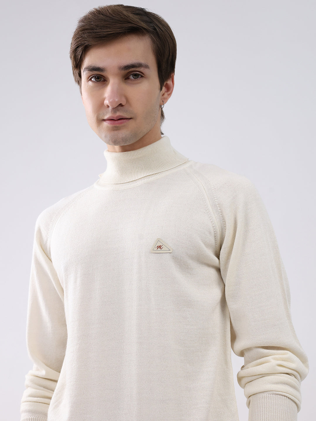 Men Cream Solid Turtle Neck Full Sleeve Pullover
