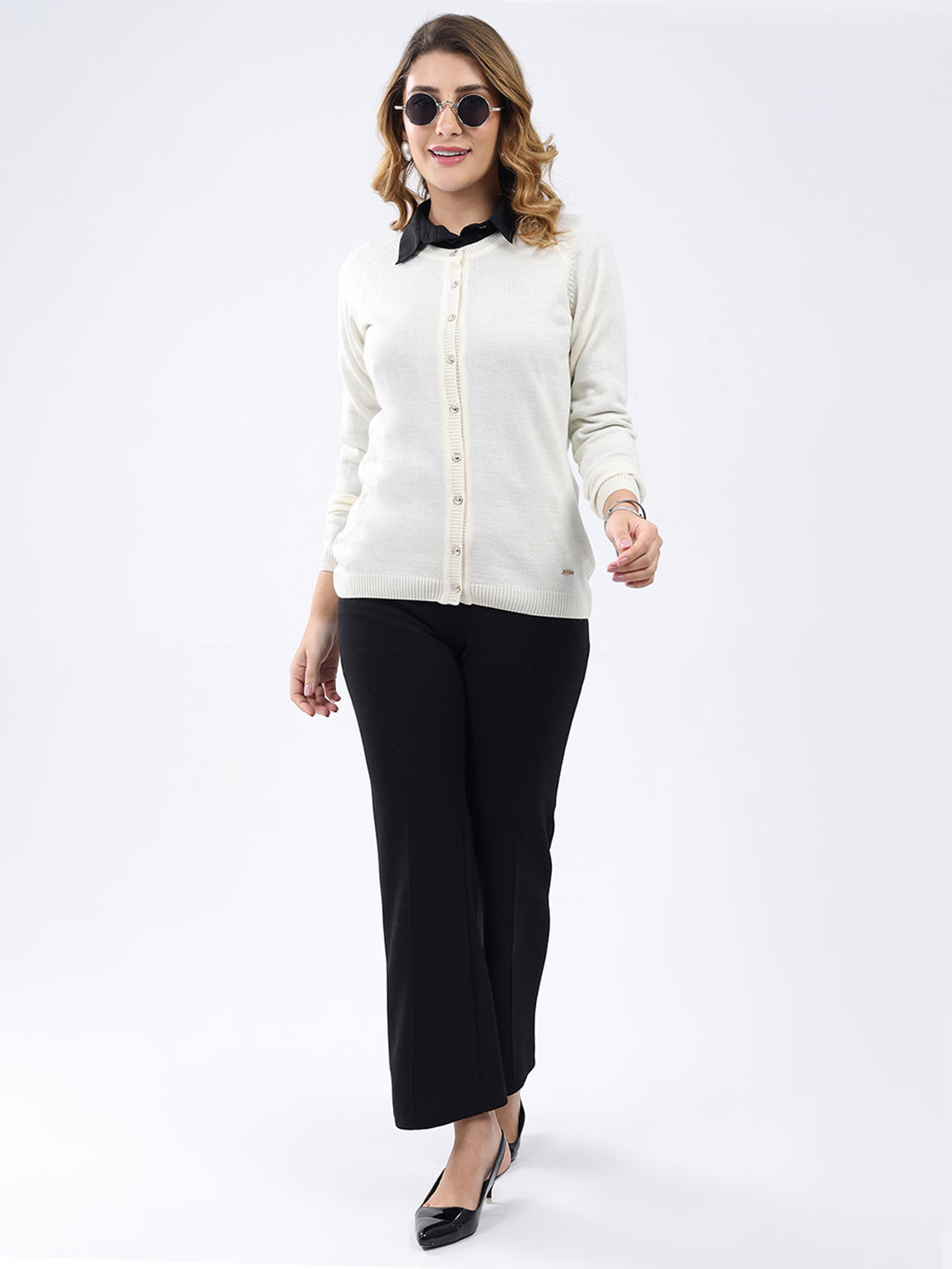 Women White Solid Round Neck Full Sleeve Cardigan
