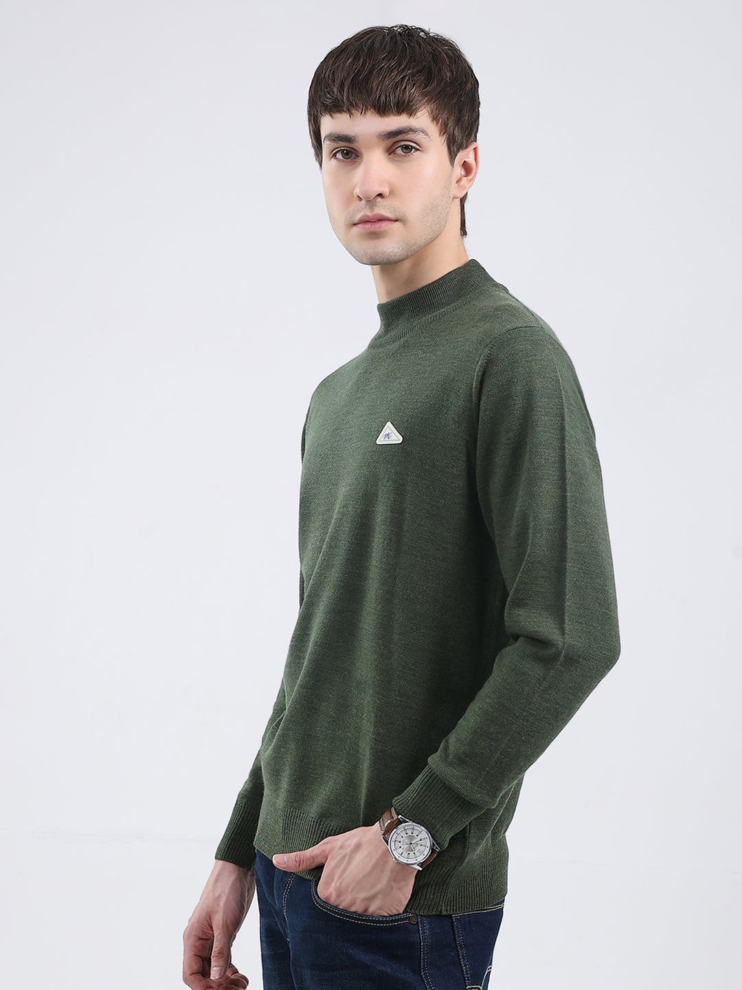 Men Green Solid Turtle Neck Full Sleeve Pullover