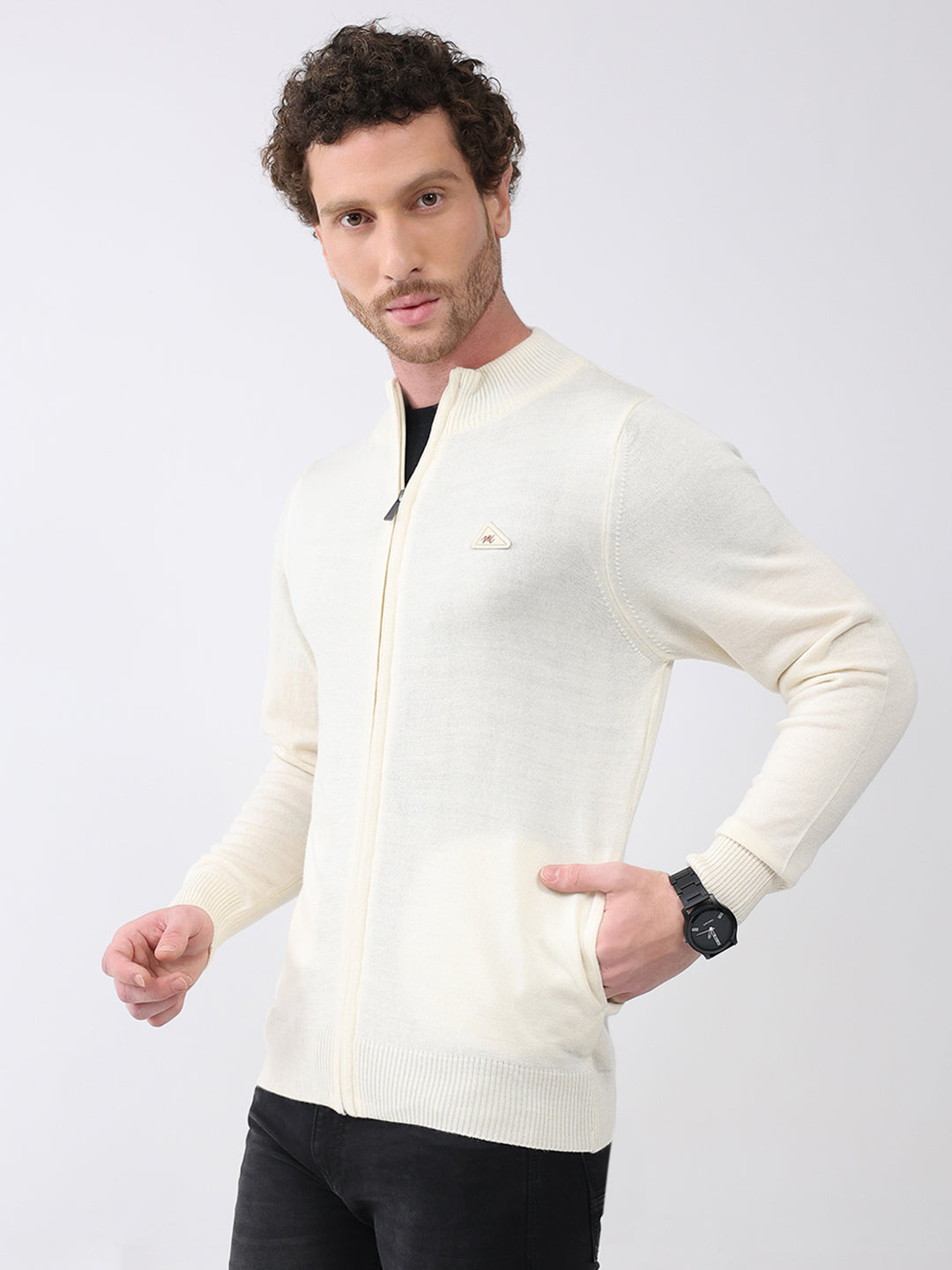 Men Cream Solid Mock Neck Full Sleeve Pullover