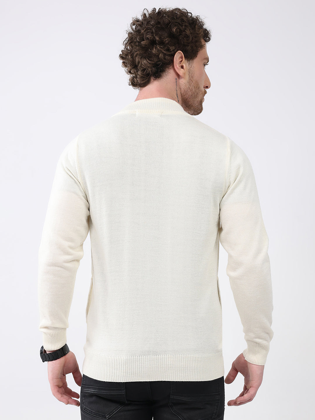 Men Cream Solid Mock Neck Full Sleeve Pullover