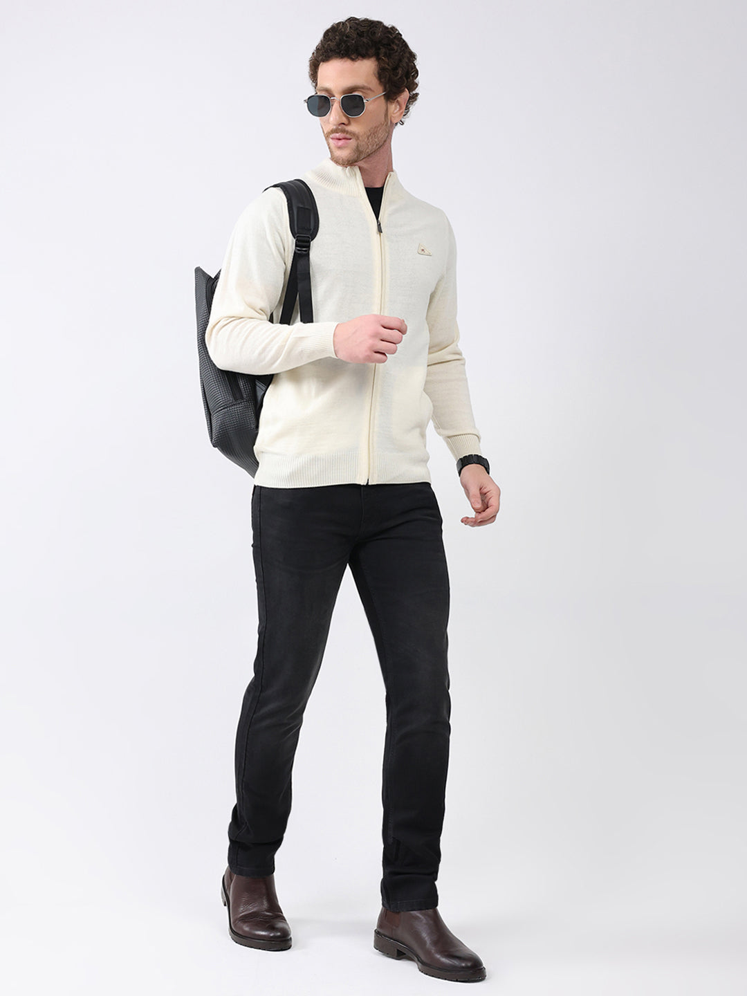 Men Cream Solid Mock Neck Full Sleeve Pullover