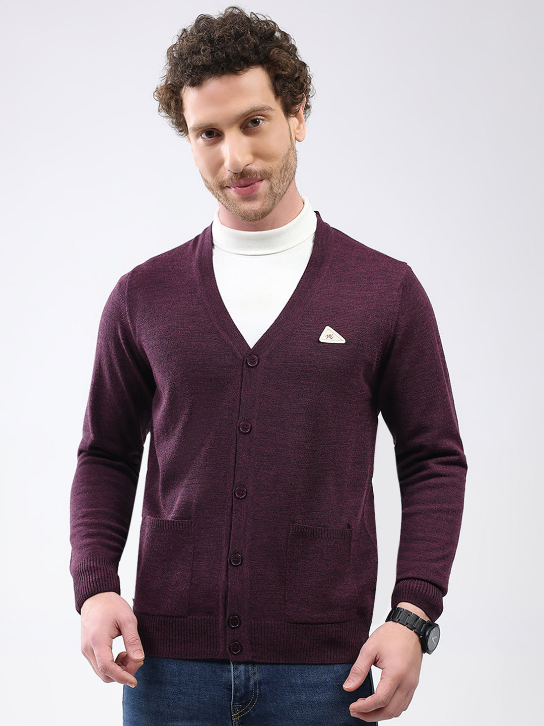 Men Purple Solid V Neck Full Sleeve Cardigan