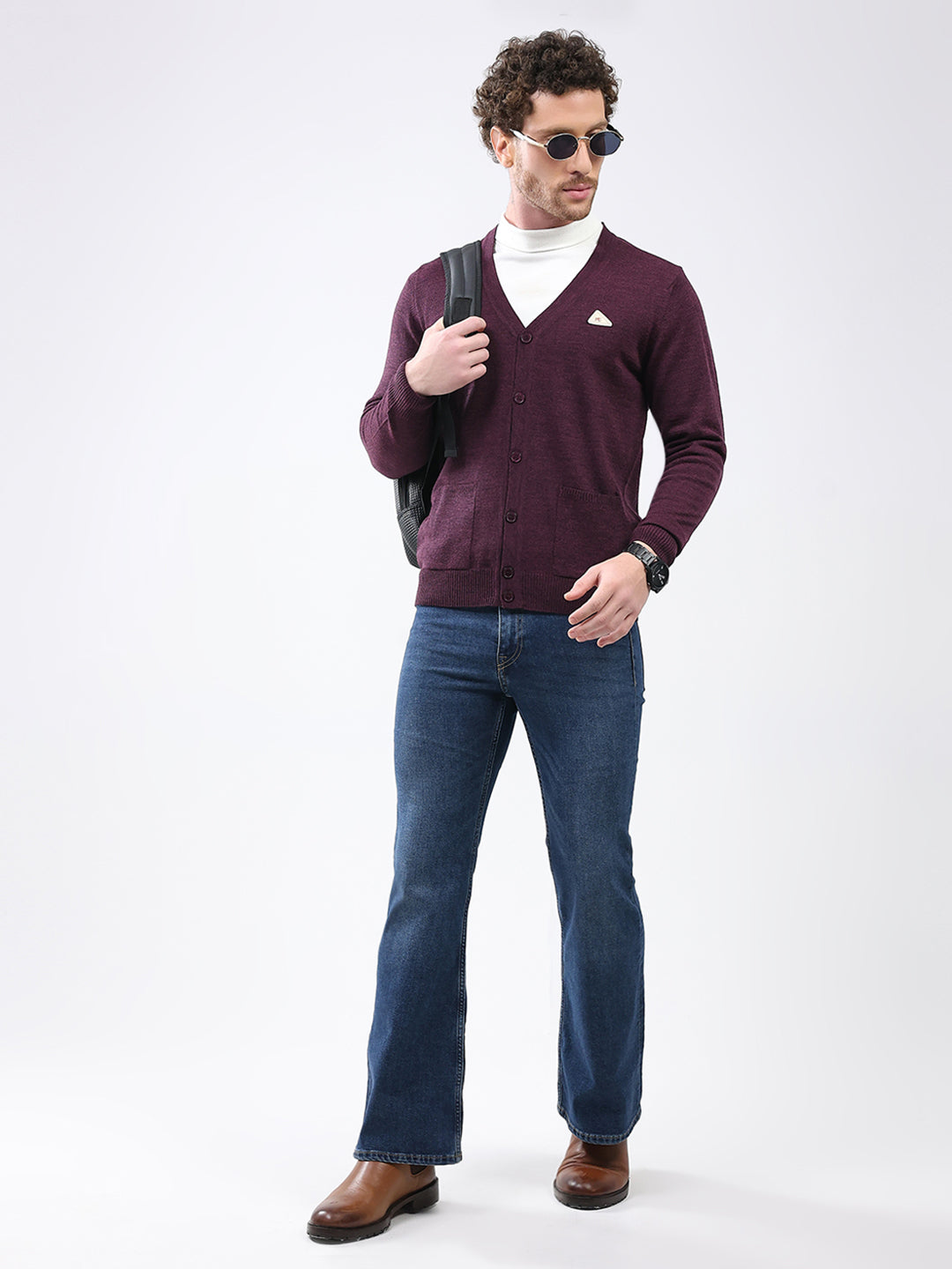 Men Purple Solid V Neck Full Sleeve Cardigan