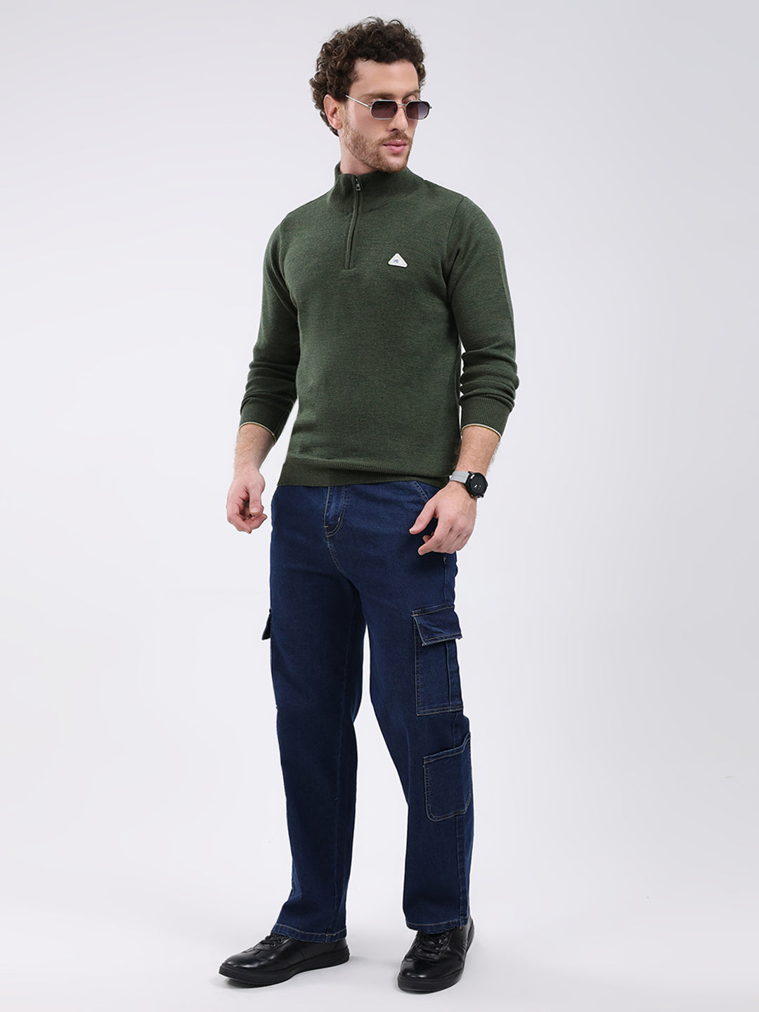Men Green Solid Mock Neck Full Sleeve Pullover