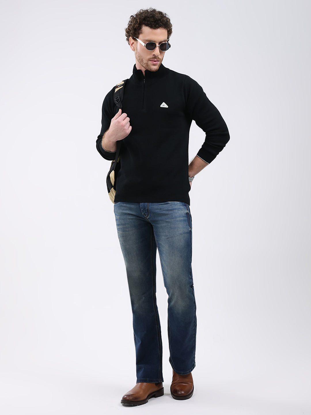 Men Black Solid Mock Neck Full Sleeve Pullover