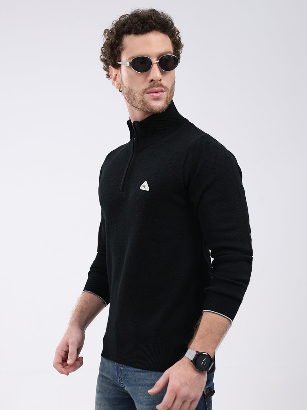Men Black Solid Mock Neck Full Sleeve Pullover
