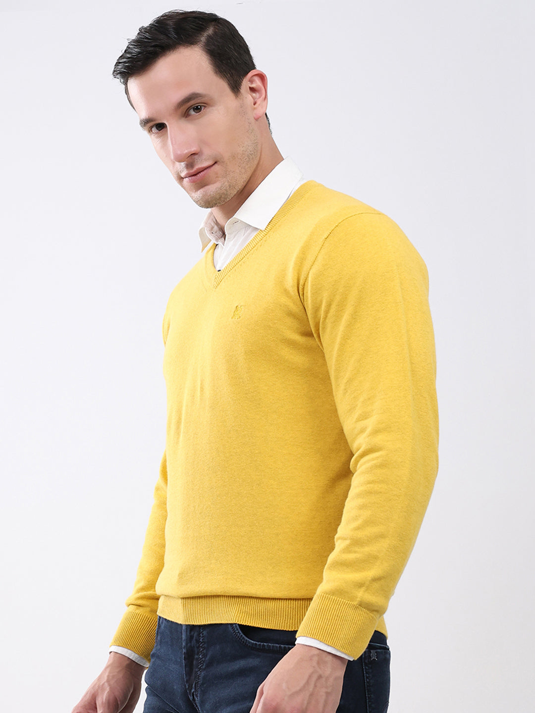 Men Yellow Solid V Neck Full Sleeve Pullover