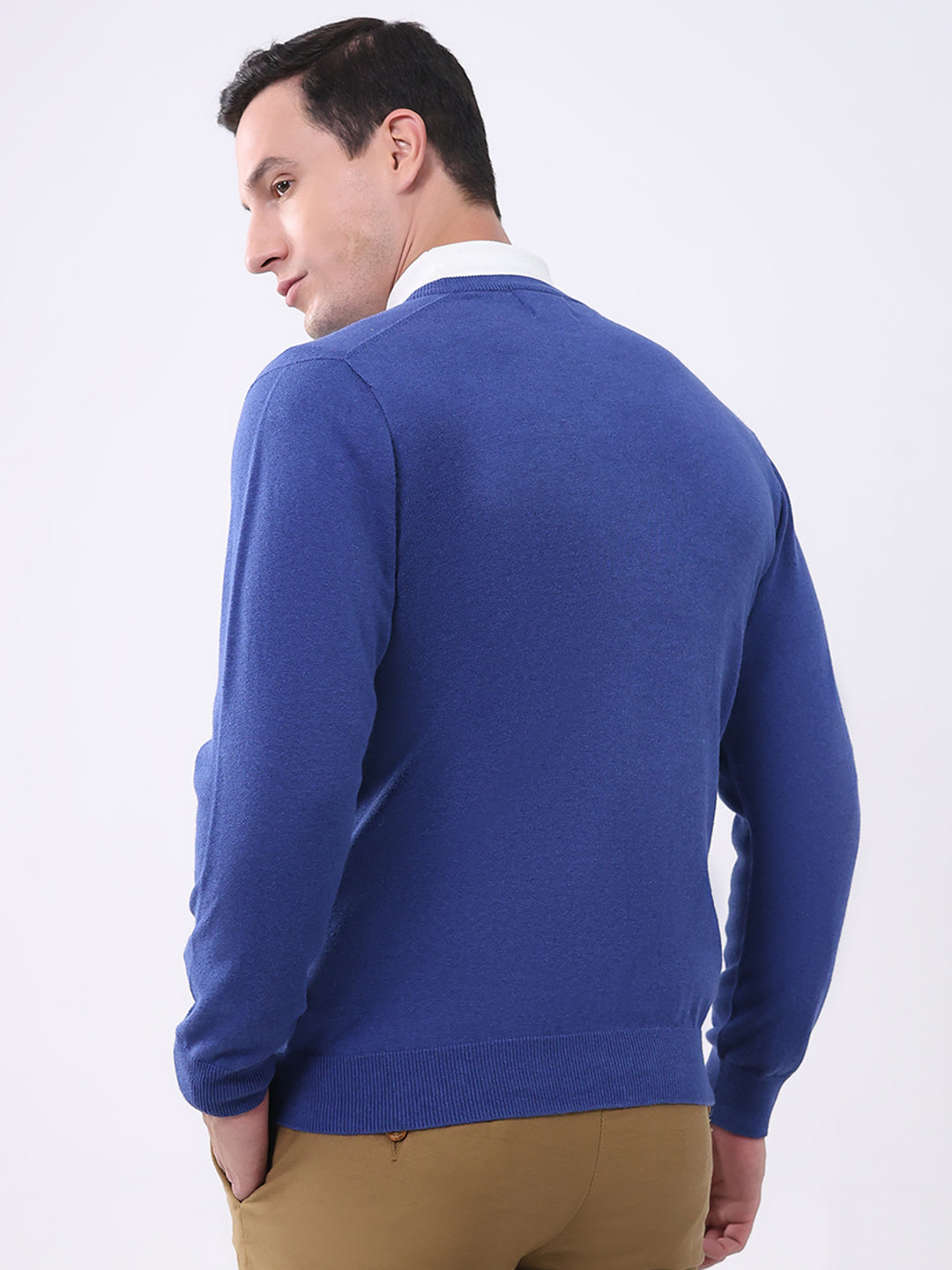 Men Blue Solid V Neck Full Sleeve Pullover