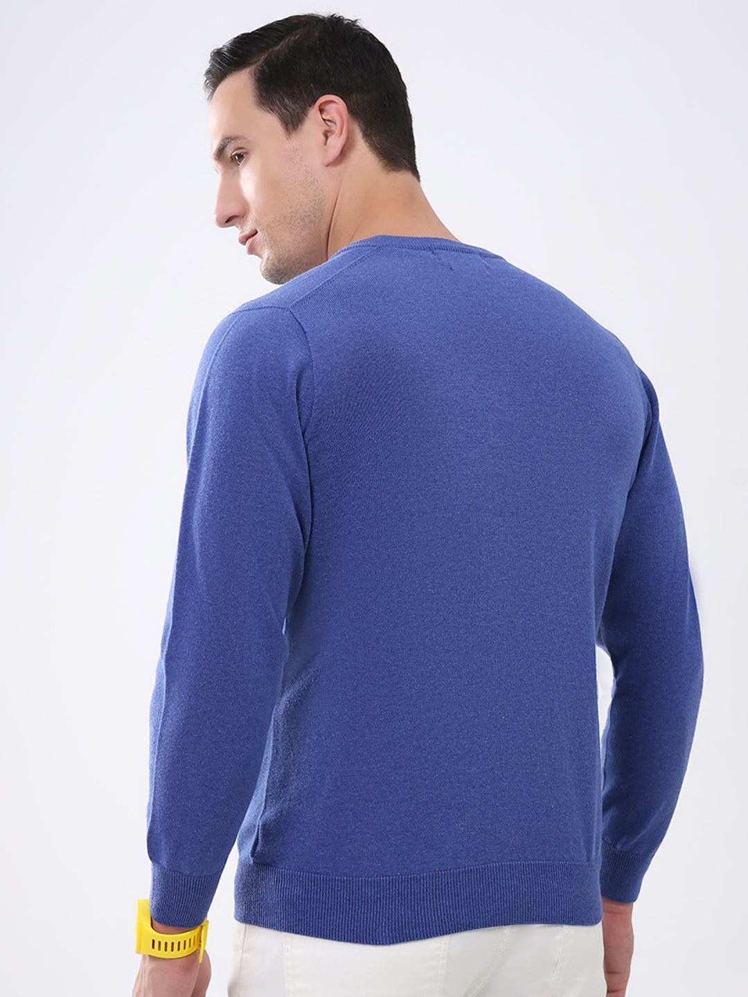 Men Blue Solid V Neck Full Sleeve Pullover