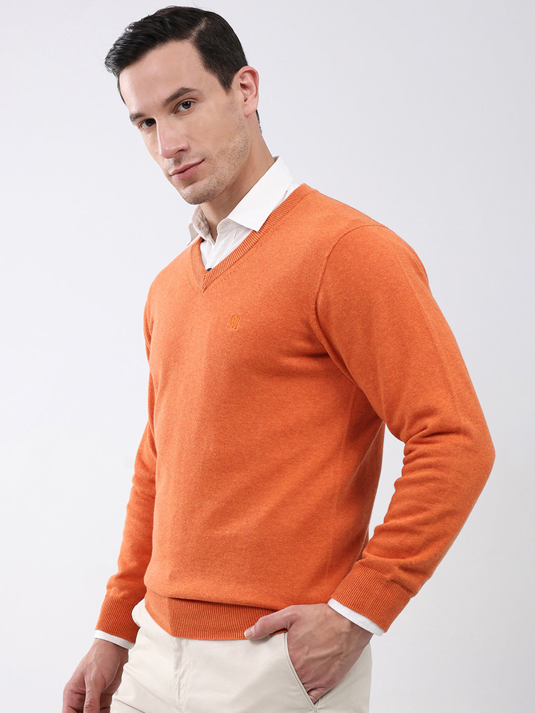 Men Orange Solid V Neck Full Sleeve Pullover