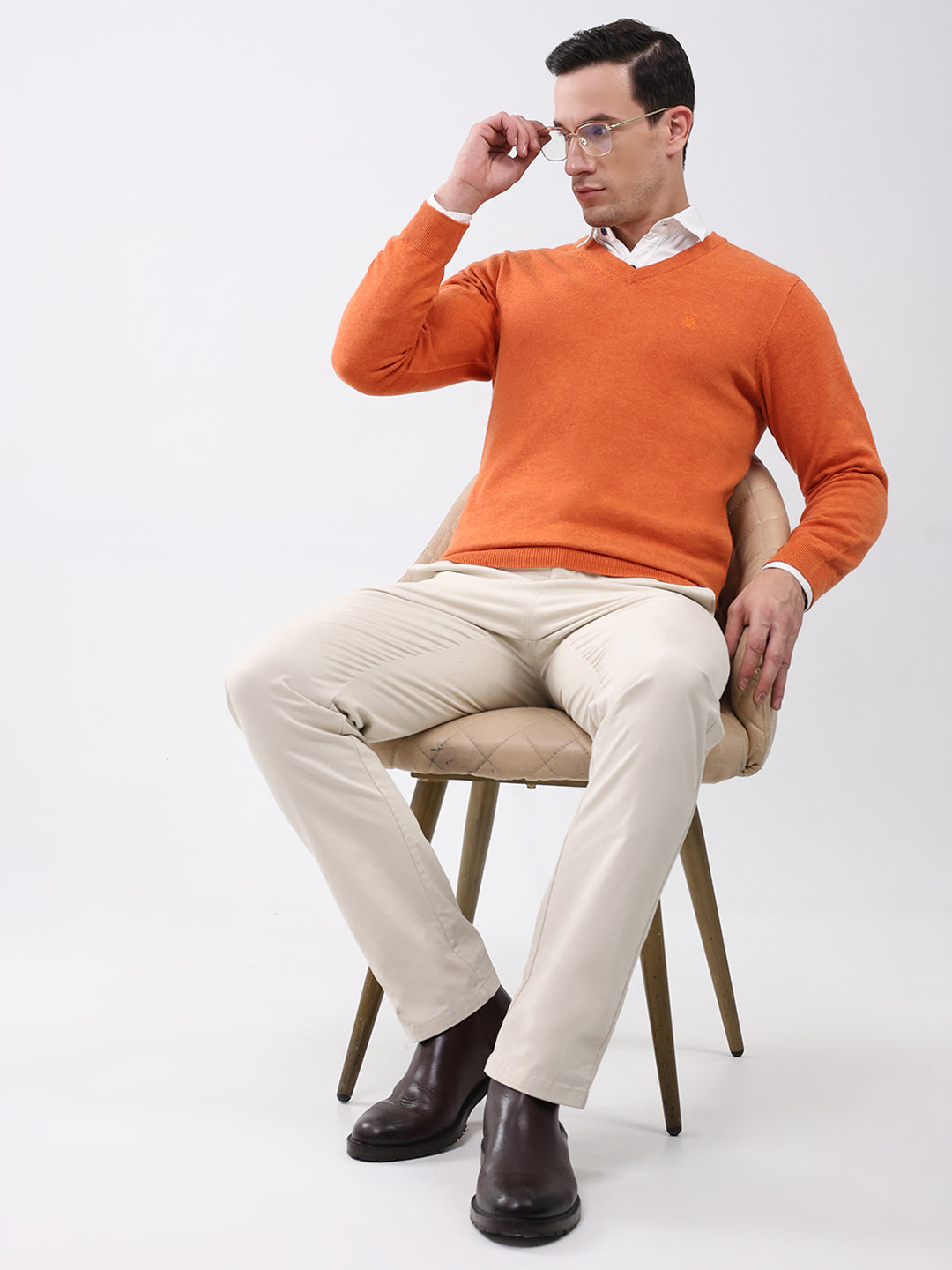Men Orange Solid V Neck Full Sleeve Pullover