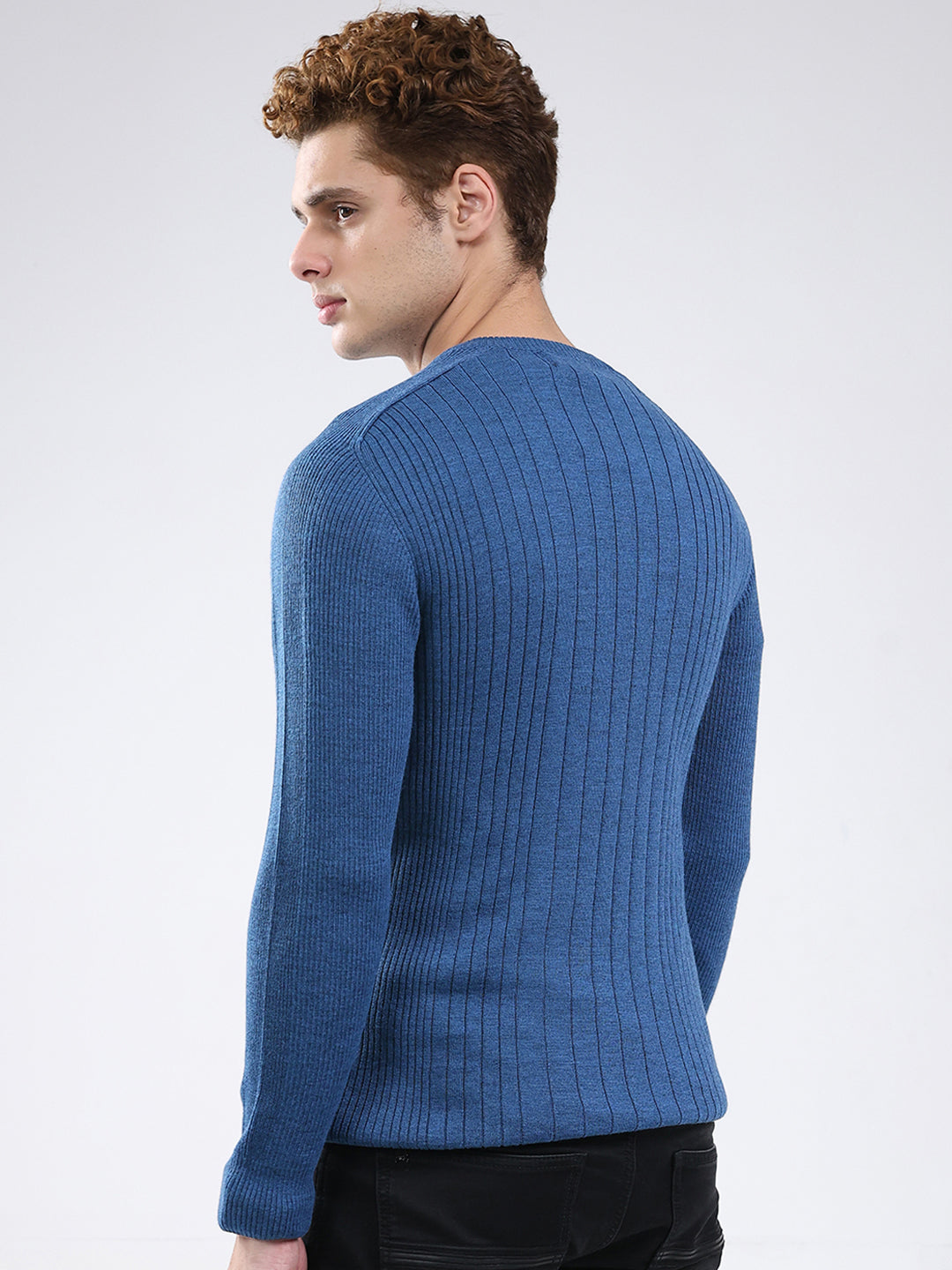 Men Blue Solid V Neck Full Sleeve Pullover