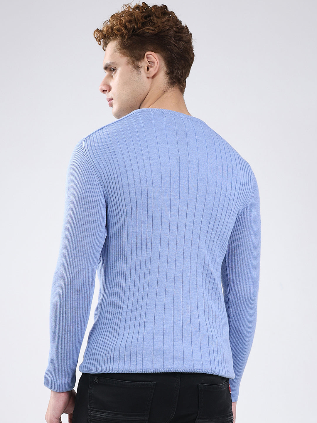 Men Blue Solid V Neck Full Sleeve Pullover