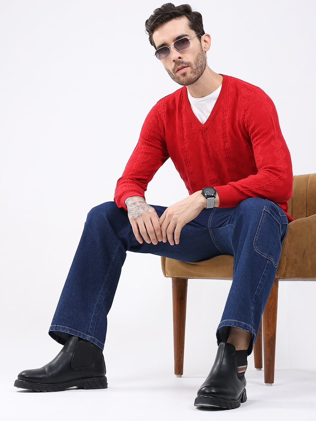 Luxuria Men Red Self Design V Neck Full Sleeve Pullover