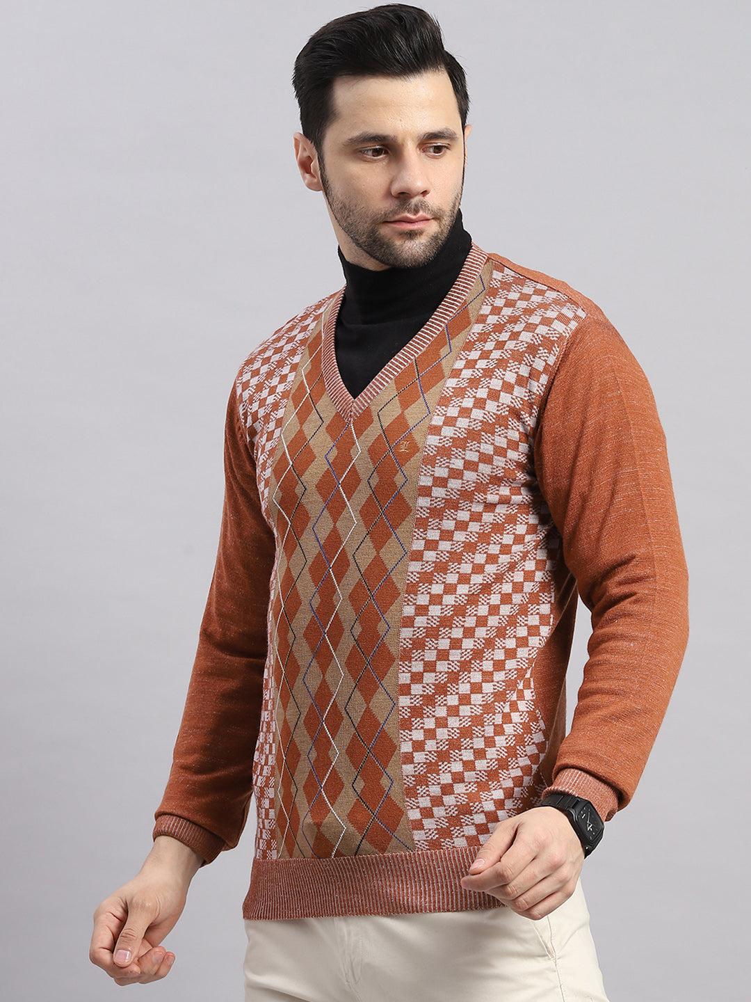 Luxuria Men Rust Printed V Neck Full Sleeve Pullover