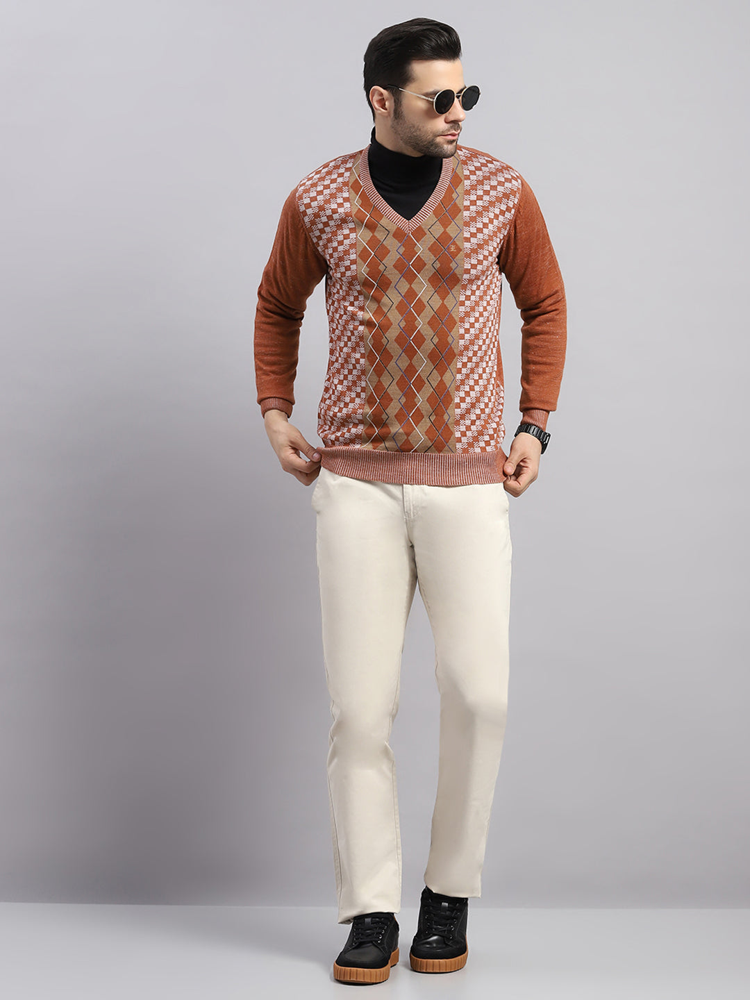 Luxuria Men Rust Printed V Neck Full Sleeve Pullover