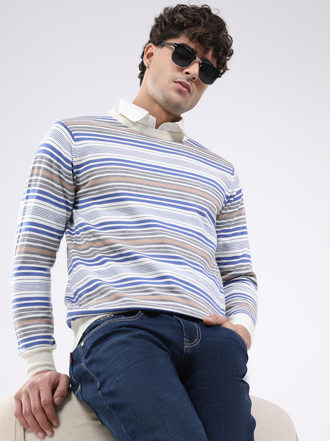 Luxuria Men Off White Self Design Round Neck Full Sleeve Pullover