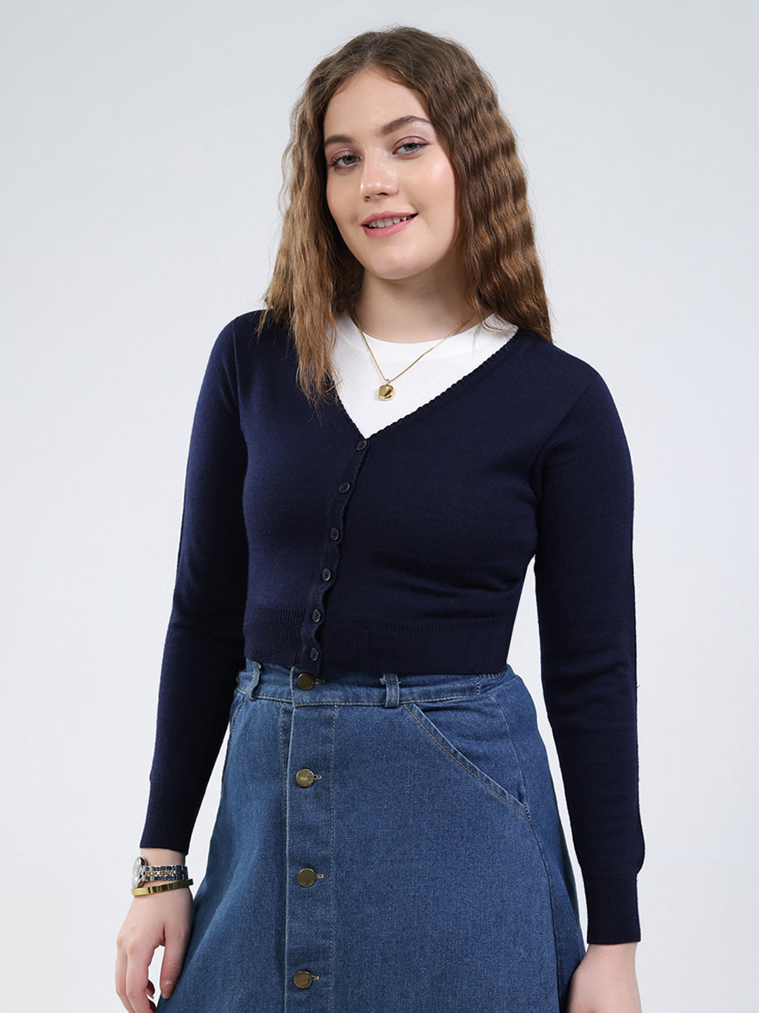 Women Navy Blue Solid V Neck Full Sleeve Cardigan