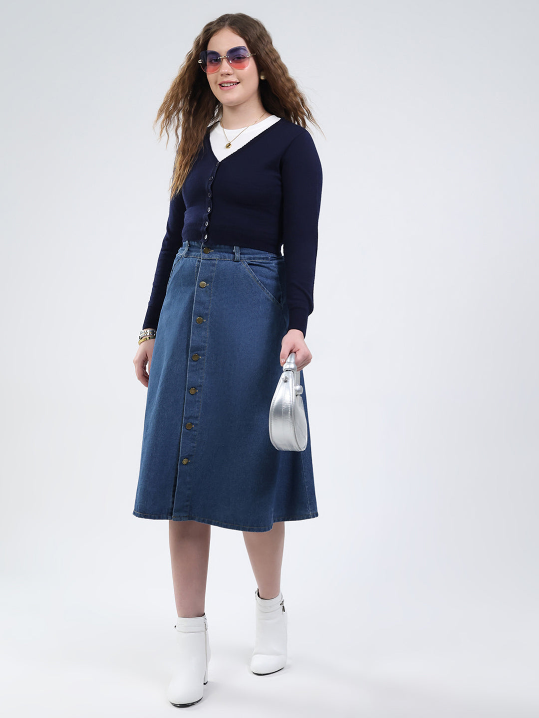 Women Navy Blue Solid V Neck Full Sleeve Cardigan