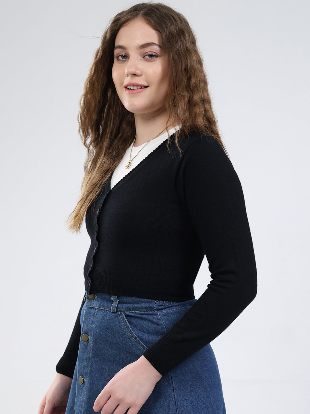 Women Black Solid V Neck Full Sleeve Cardigan