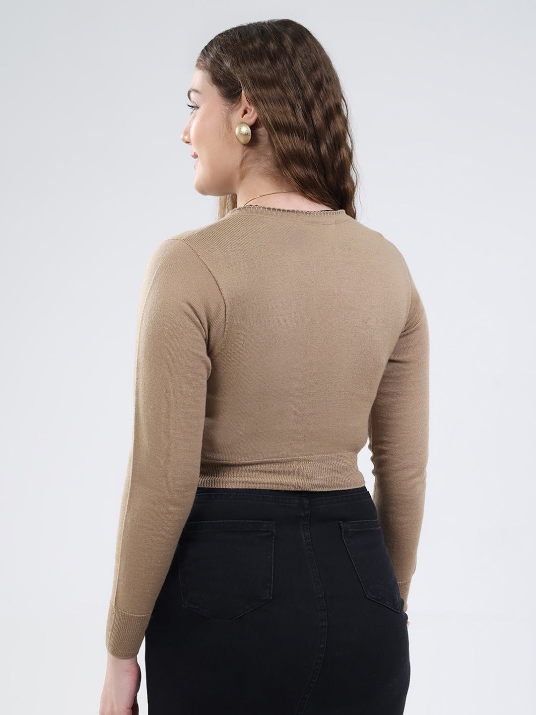 Women Brown Solid V Neck Full Sleeve Cardigan