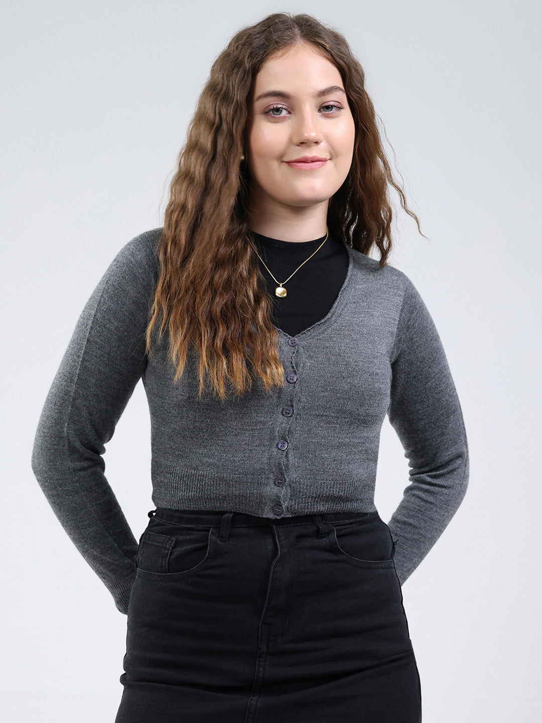 Women Grey Solid V Neck Full Sleeve Cardigan