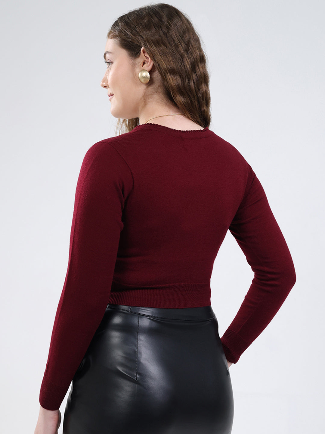 Women Maroon Solid V Neck Full Sleeve Cardigan