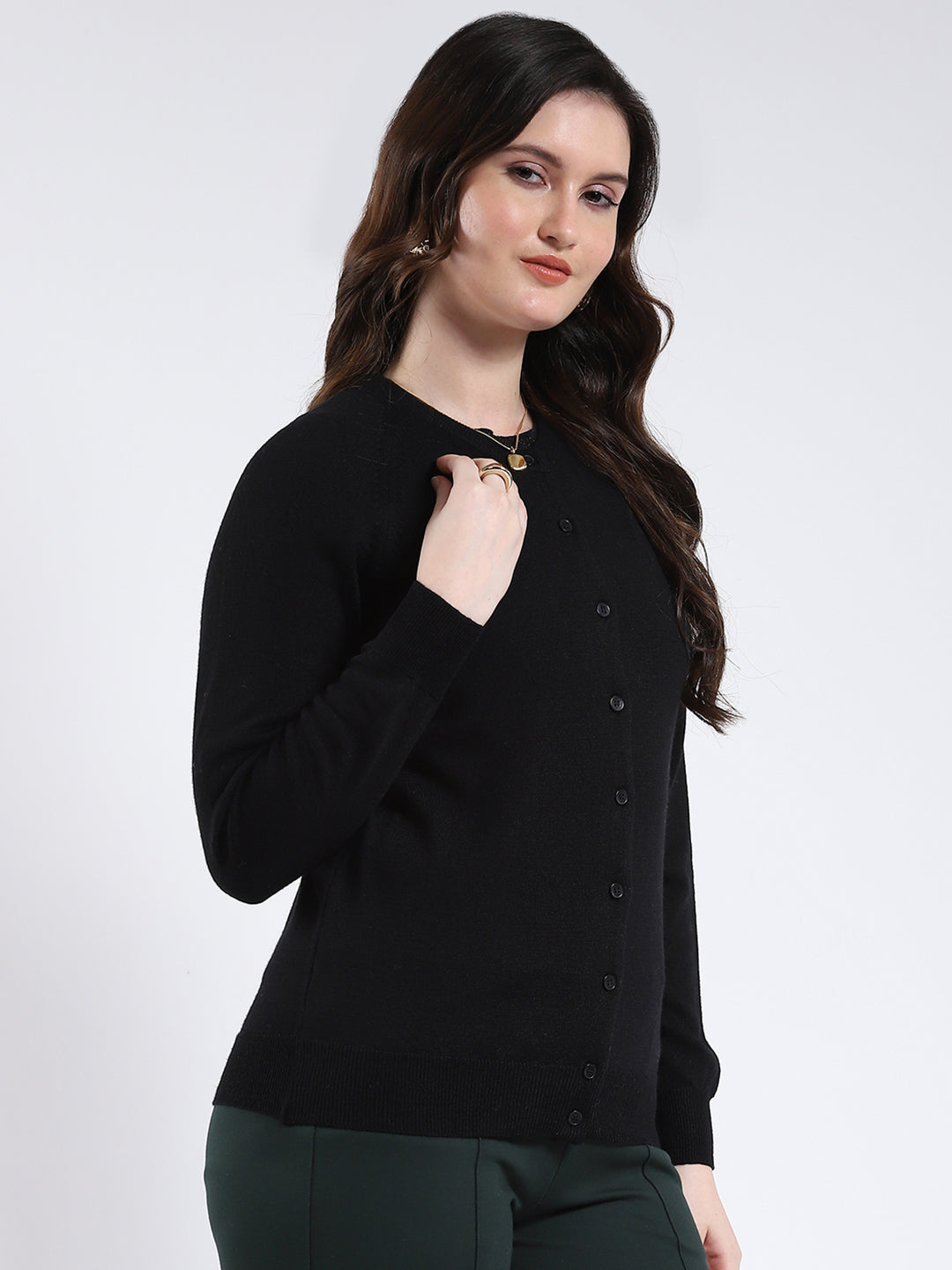 Women Black Solid Round Neck Full Sleeve Cardigan