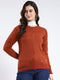Women Rust Solid Round Neck Full Sleeve Cardigan