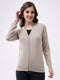 Women Beige Solid V Neck Full Sleeve Cardigan
