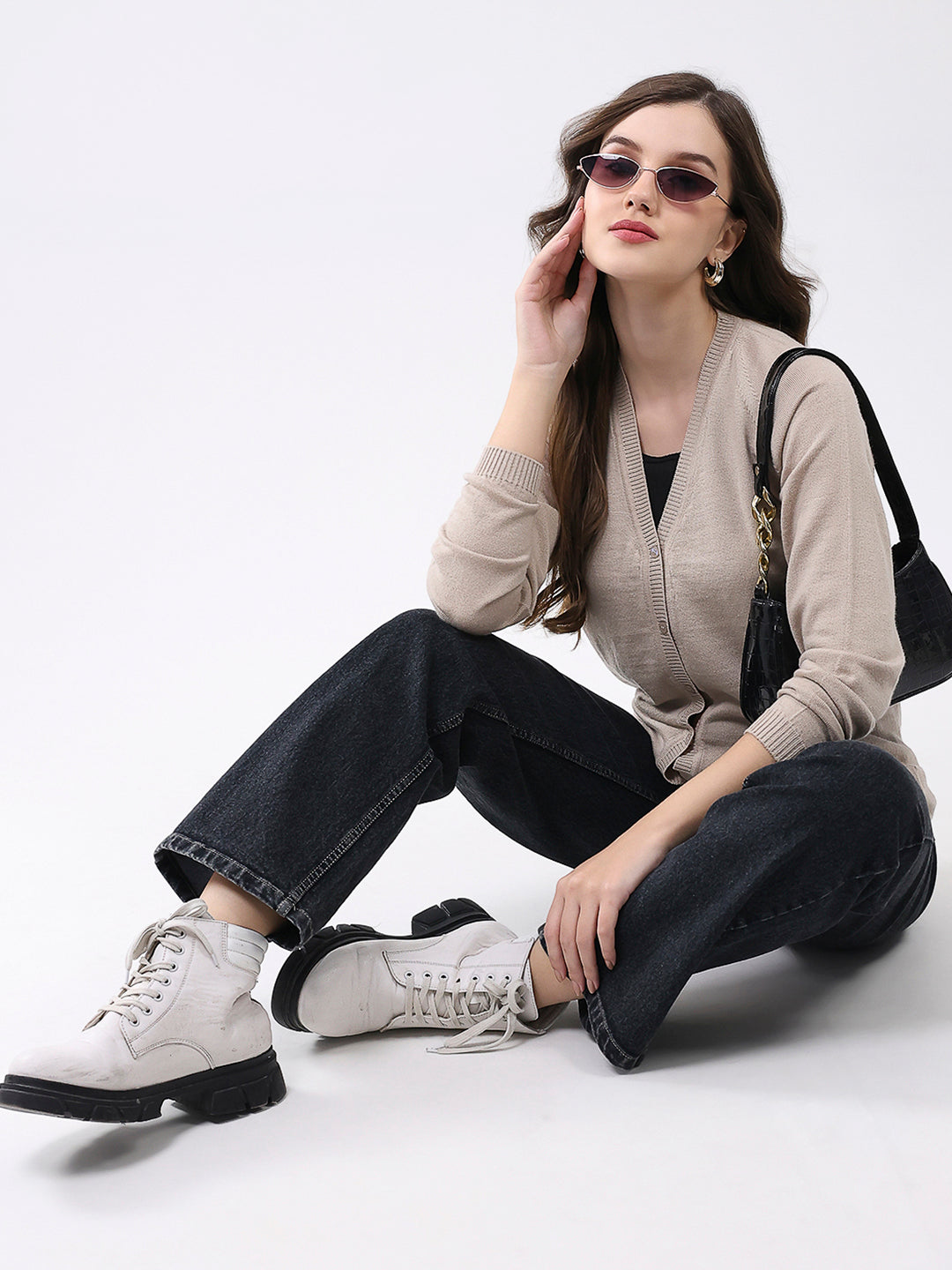 Women Beige Solid V Neck Full Sleeve Cardigan