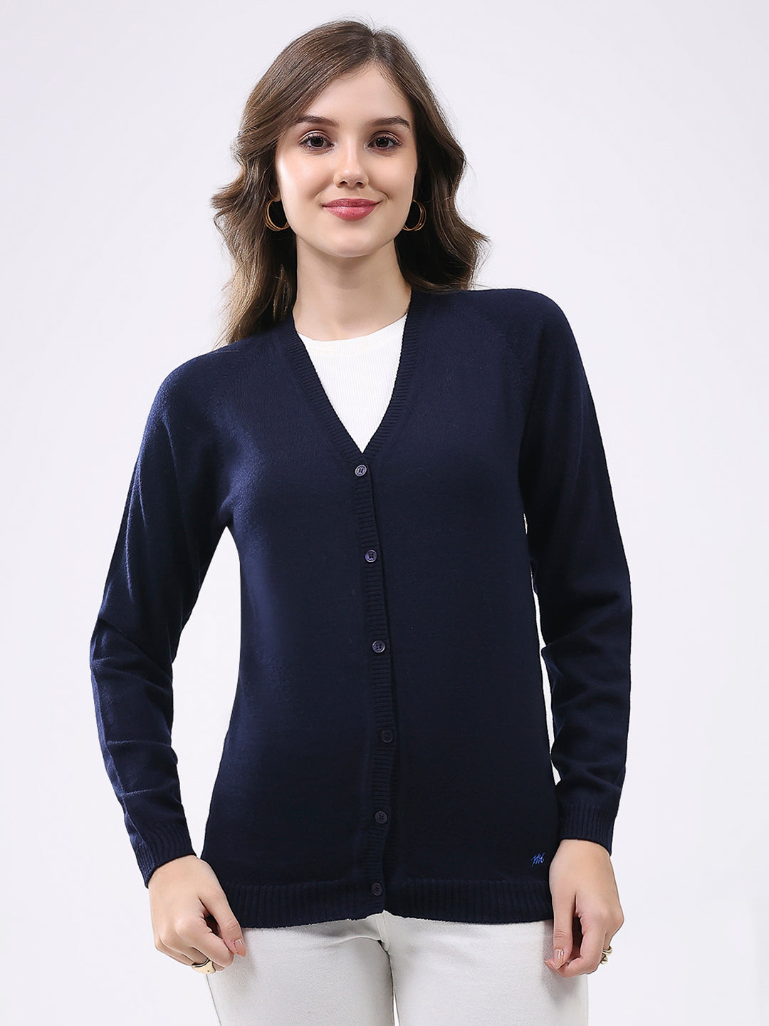 Women Navy Blue Solid V Neck Full Sleeve Cardigan