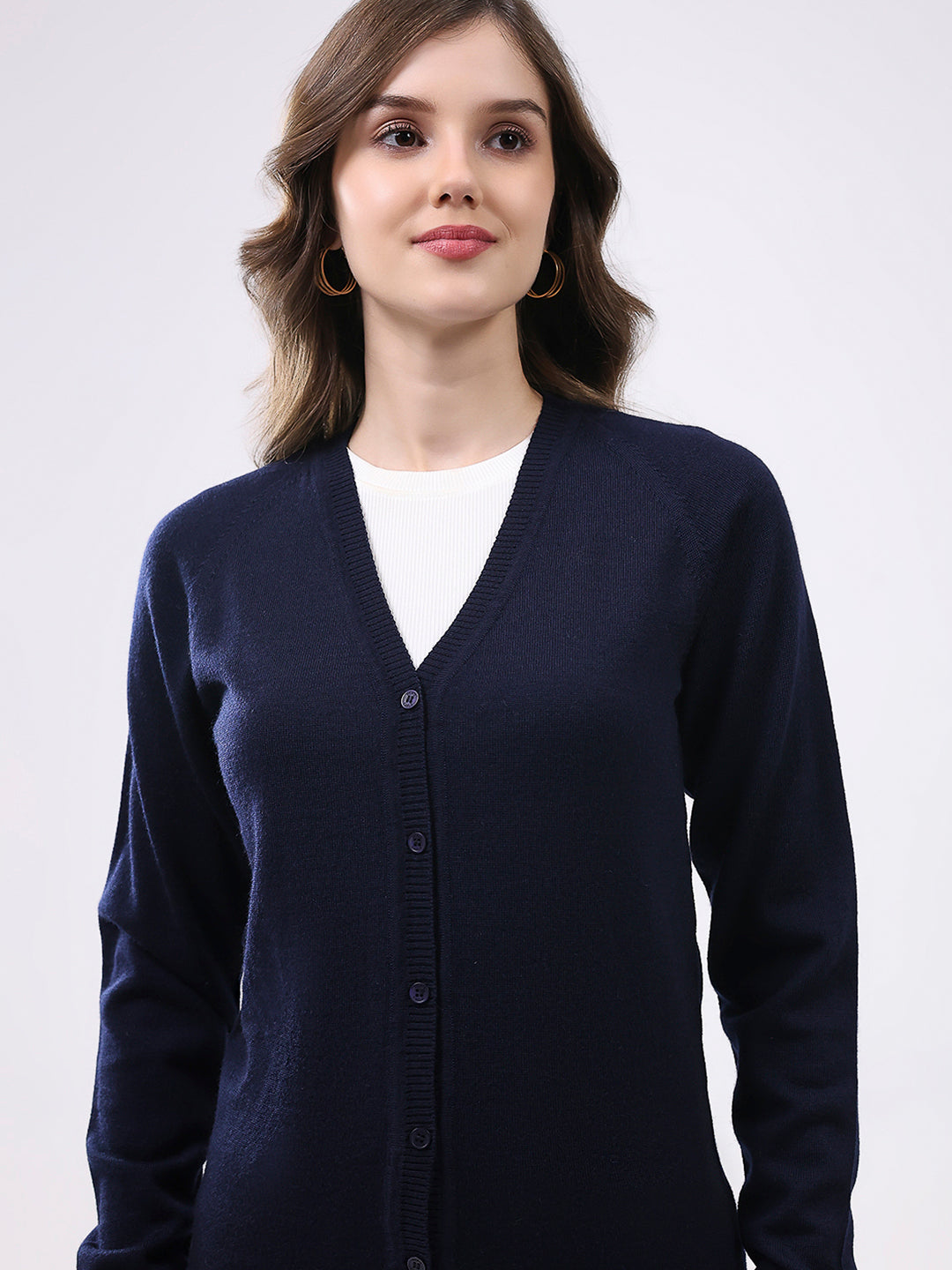 Women Navy Blue Solid V Neck Full Sleeve Cardigan