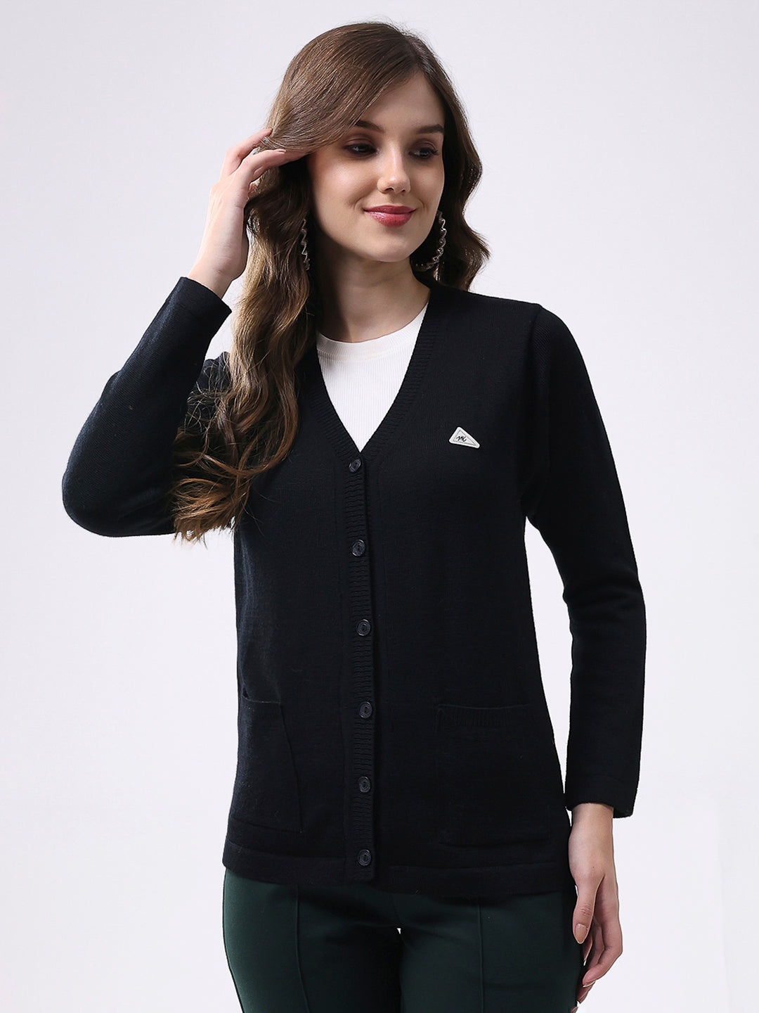 Women Black Solid V Neck Full Sleeve Cardigan