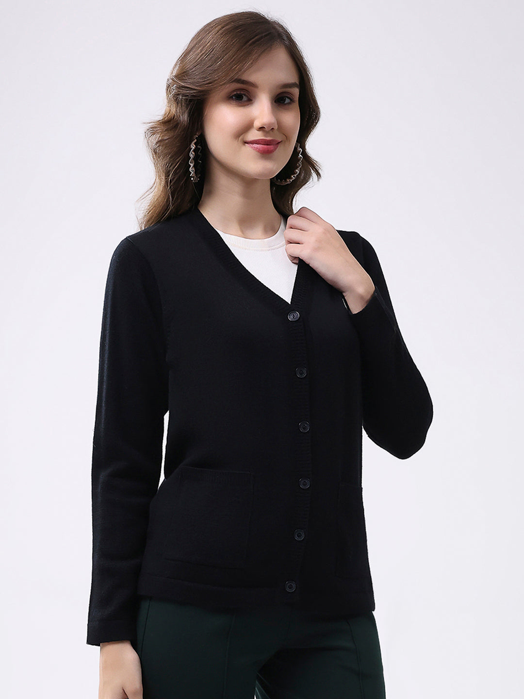 Women Black Solid V Neck Full Sleeve Cardigan