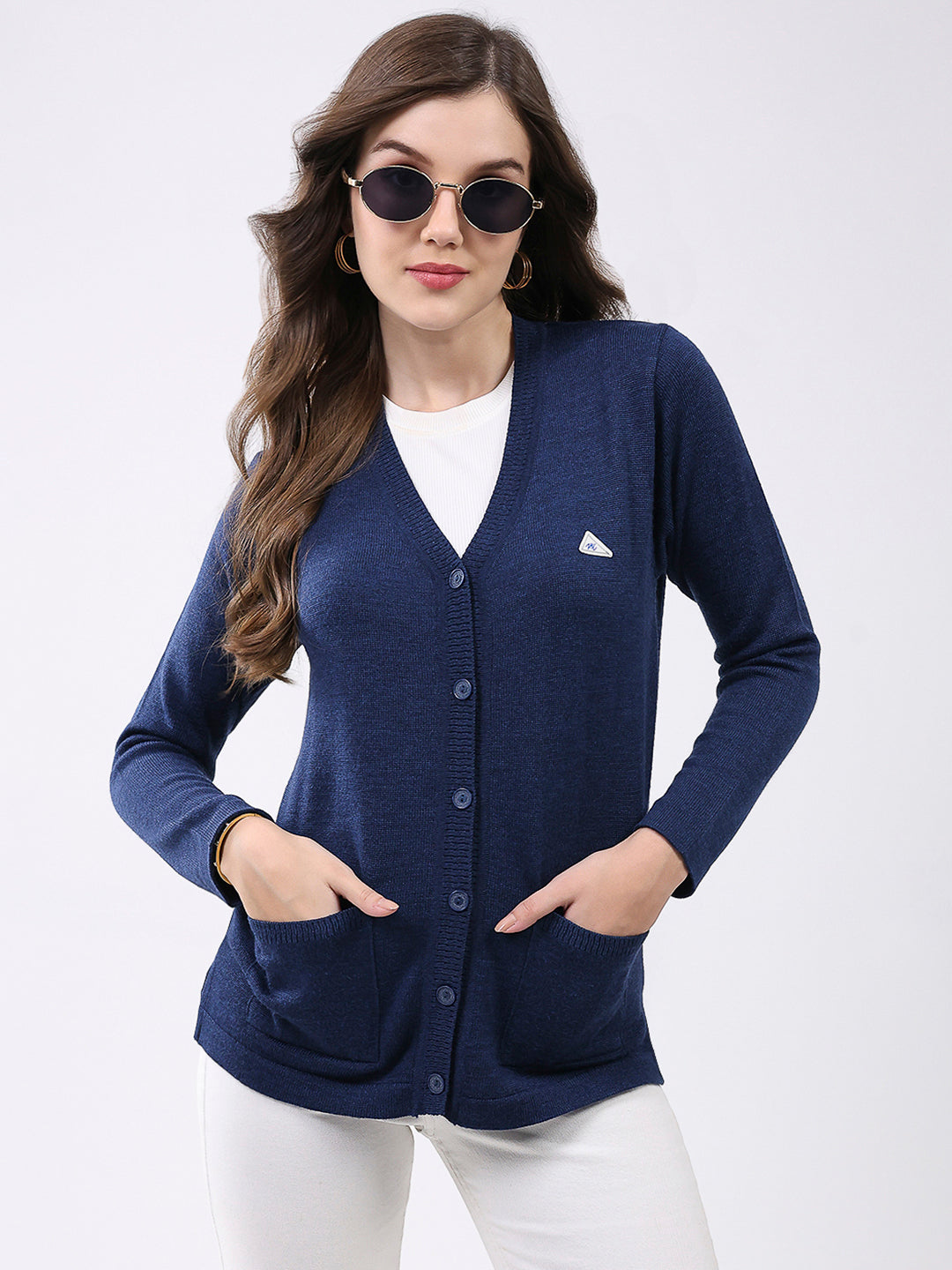 Women Navy Blue Solid V Neck Full Sleeve Cardigan