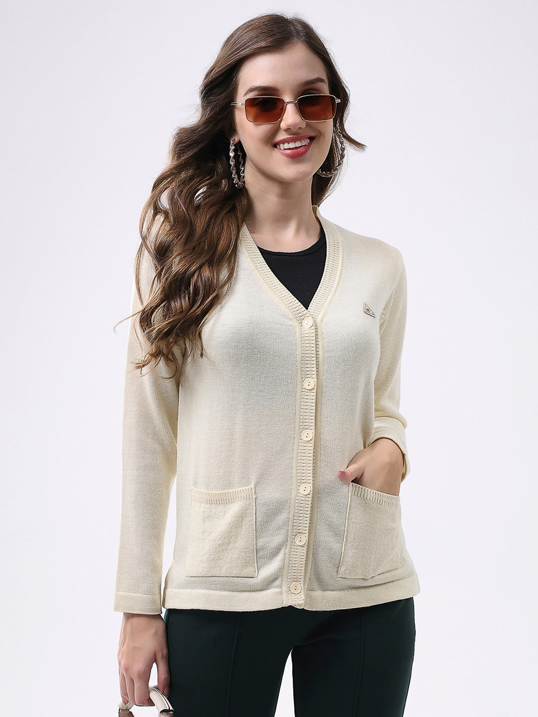 Women Off White Solid V Neck Full Sleeve Cardigan