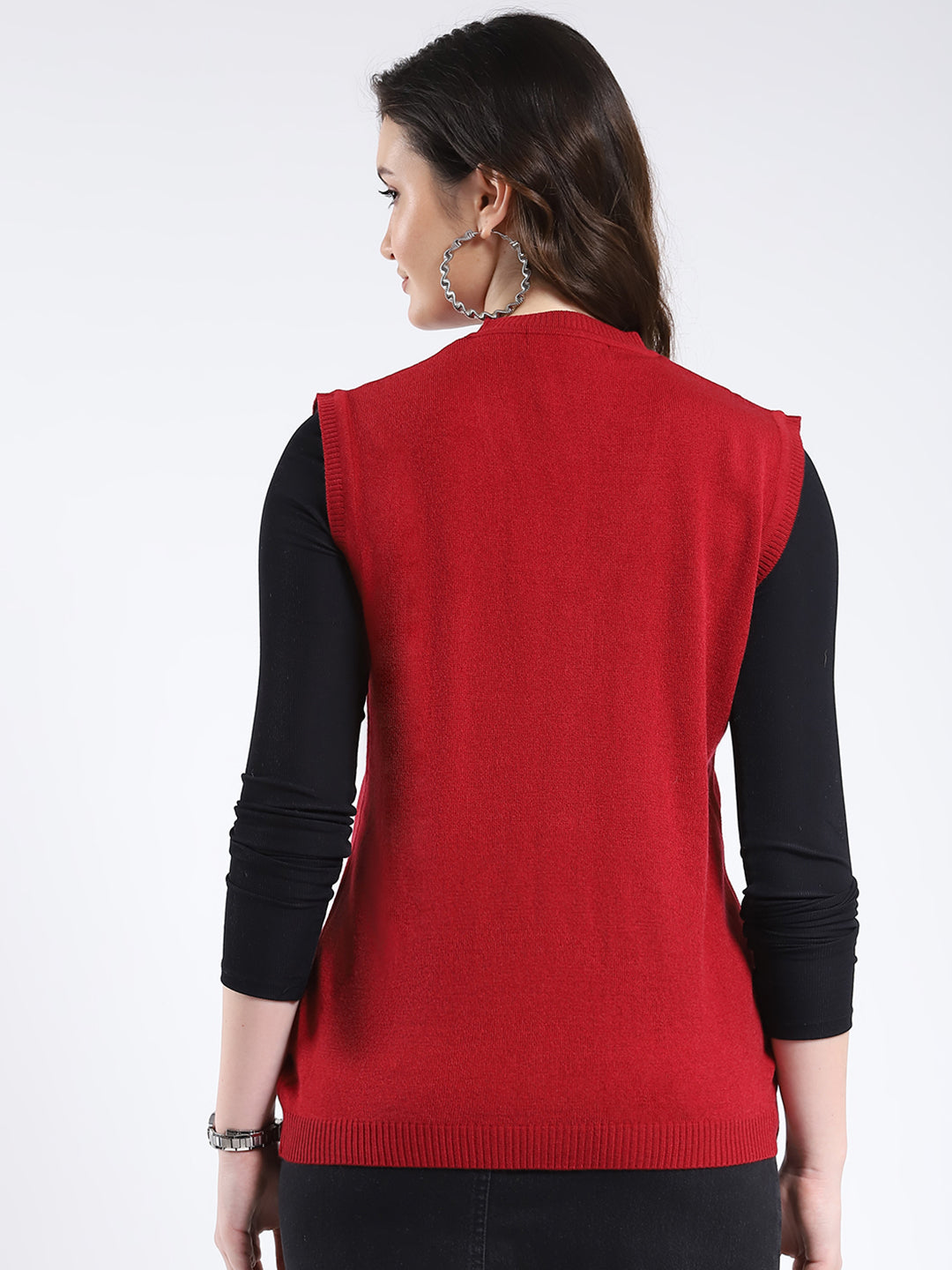 Women Red Solid V Neck Sleeveless Cardigan