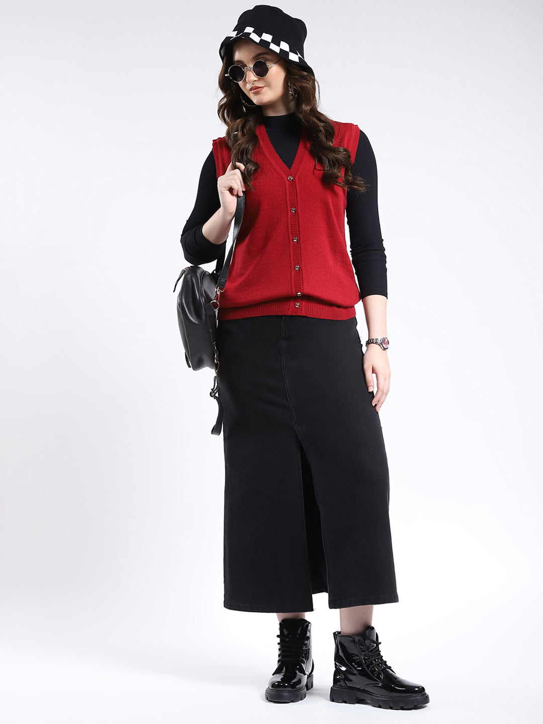 Women Red Solid V Neck Sleeveless Cardigan