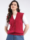 Women Red Solid V Neck Sleeveless Cardigan
