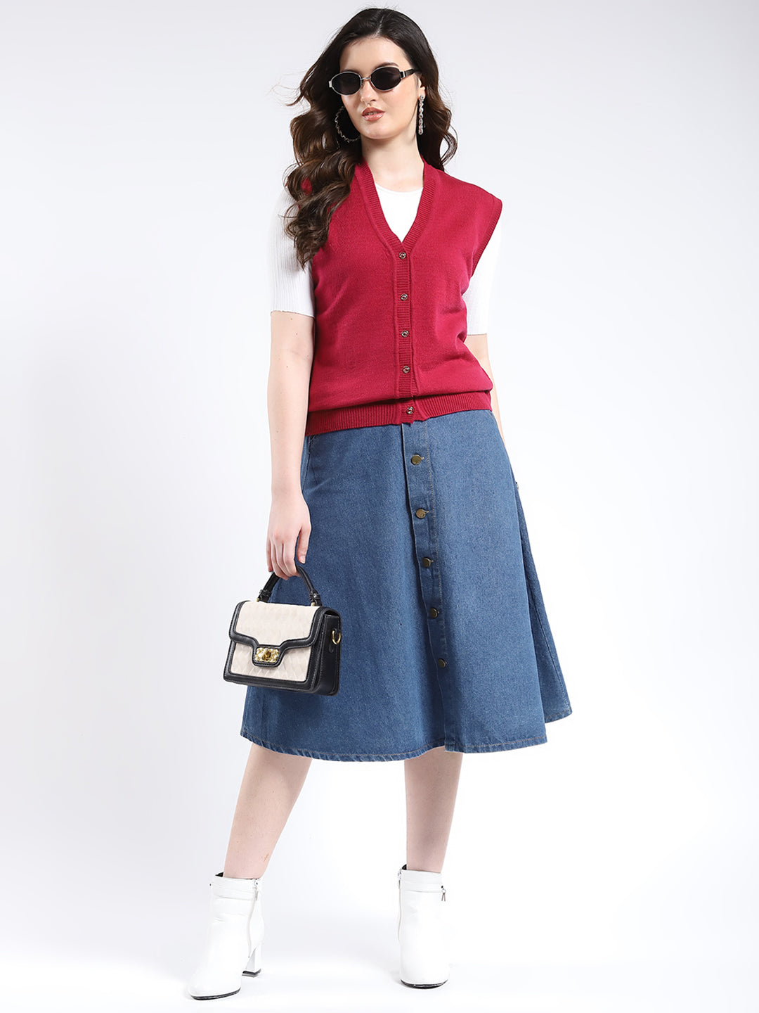 Women Red Solid V Neck Sleeveless Cardigan