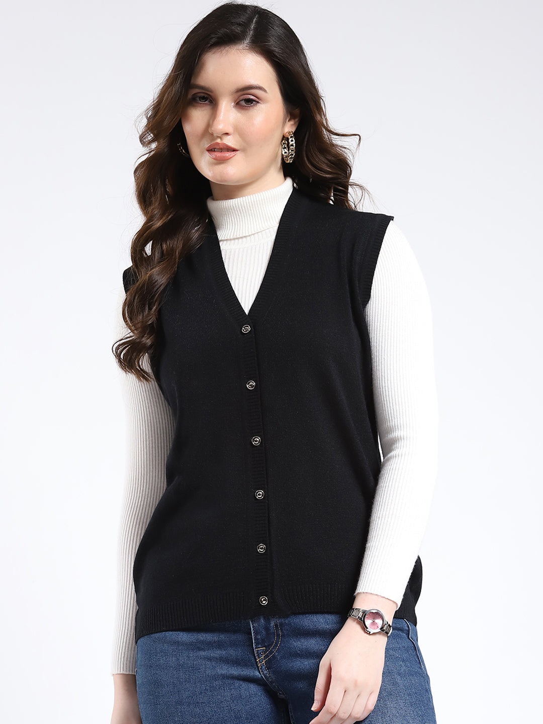 Women Black Solid V Neck Sleeveless Cardigan