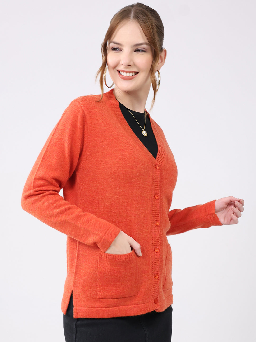 Women Orange Solid V Neck Full Sleeve Cardigan